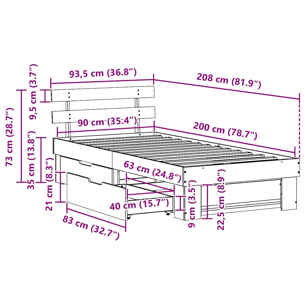 Krevetna konstrukcija Prirodna 90 x 200 cm Čvrsto borovo drvo