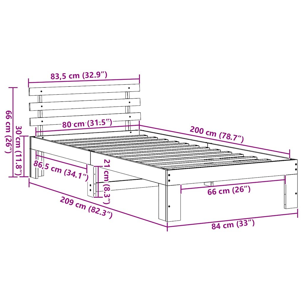 Krevetna konstrukcija Bijelo 80 x 200 cm Čvrsto borovo drvo