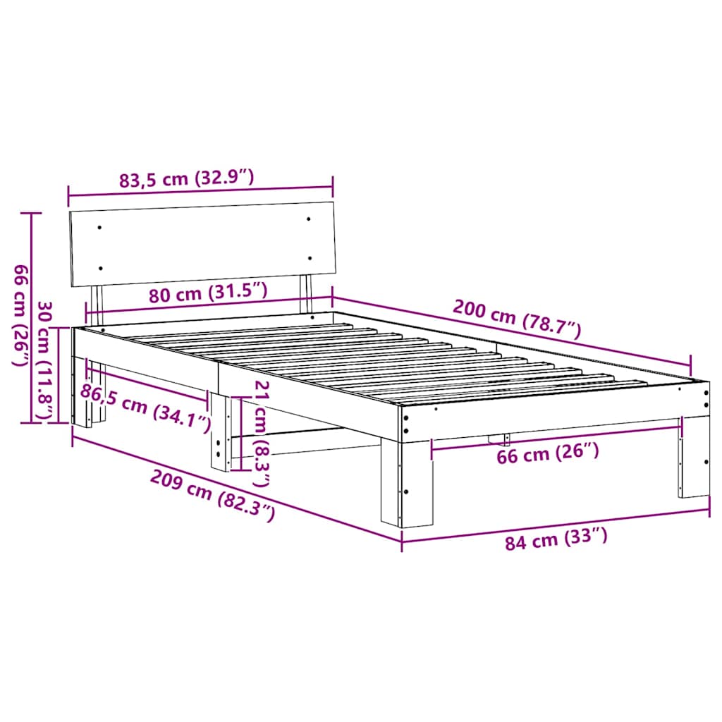 Krevetna konstrukcija Prirodna 80 x 200 cm Čvrsto borovo drvo