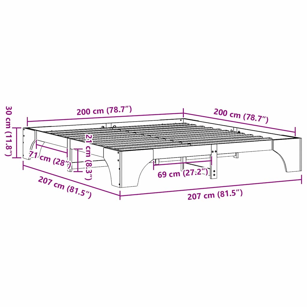 Krevetna konstrukcija Prirodna 200 x 200 cm Čvrsto borovo drvo