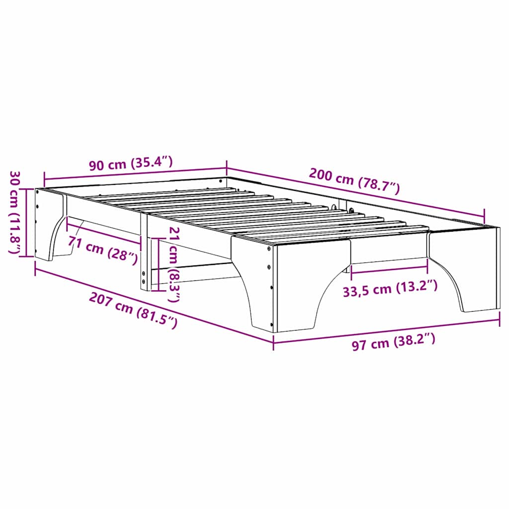 Krevetna konstrukcija Prirodna 90 x 200 cm Čvrsto borovo drvo