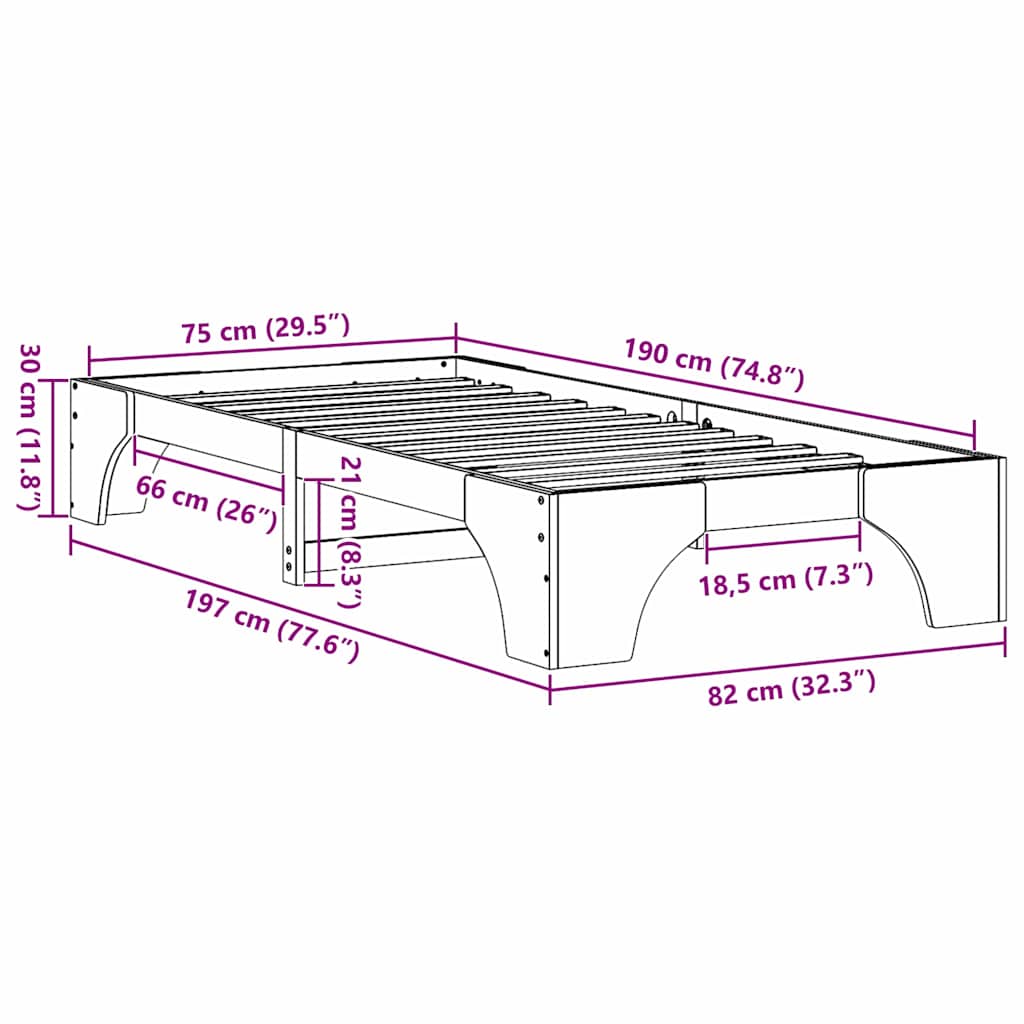 Krevetna konstrukcija Prirodna 75 x 190 cm Čvrsto borovo drvo