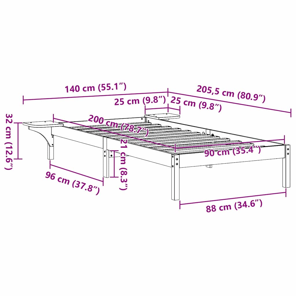 Krevetna konstrukcija Prirodna 90 x 200 cm Čvrsto borovo drvo