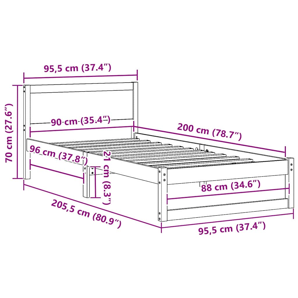 Krevetna konstrukcija Prirodna 90 x 200 cm Čvrsto borovo drvo