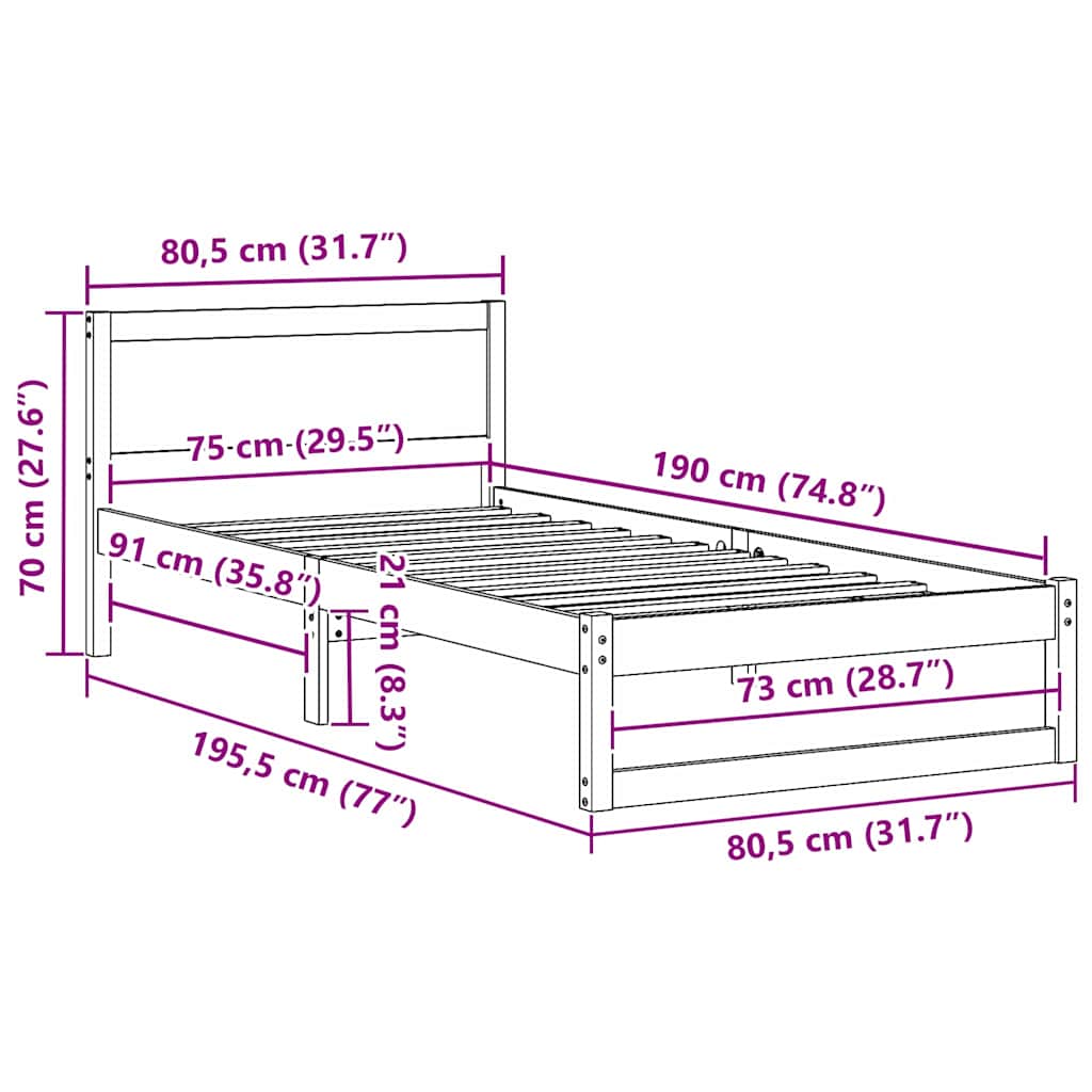 Krevetna konstrukcija Prirodna 75 x 190 cm Čvrsto borovo drvo