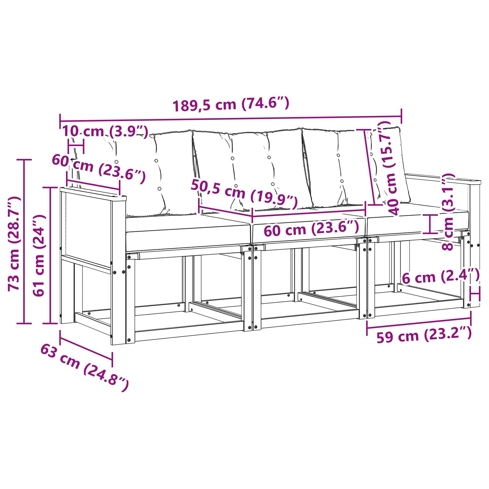 Set vanjskih sofa s jastukom 3 pcs Prirodna i crna