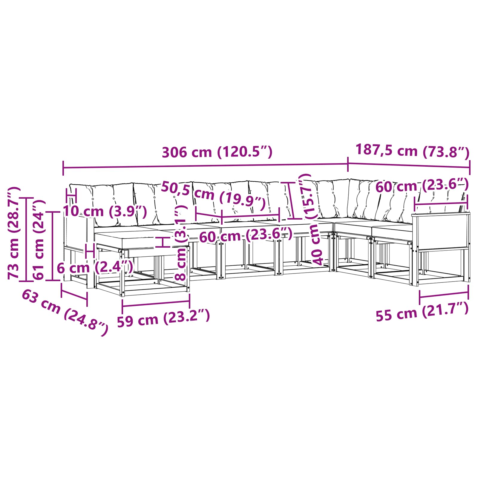 Set vanjskih sofa s jastukom 8 pcs Prirodna i Svjetlosiva