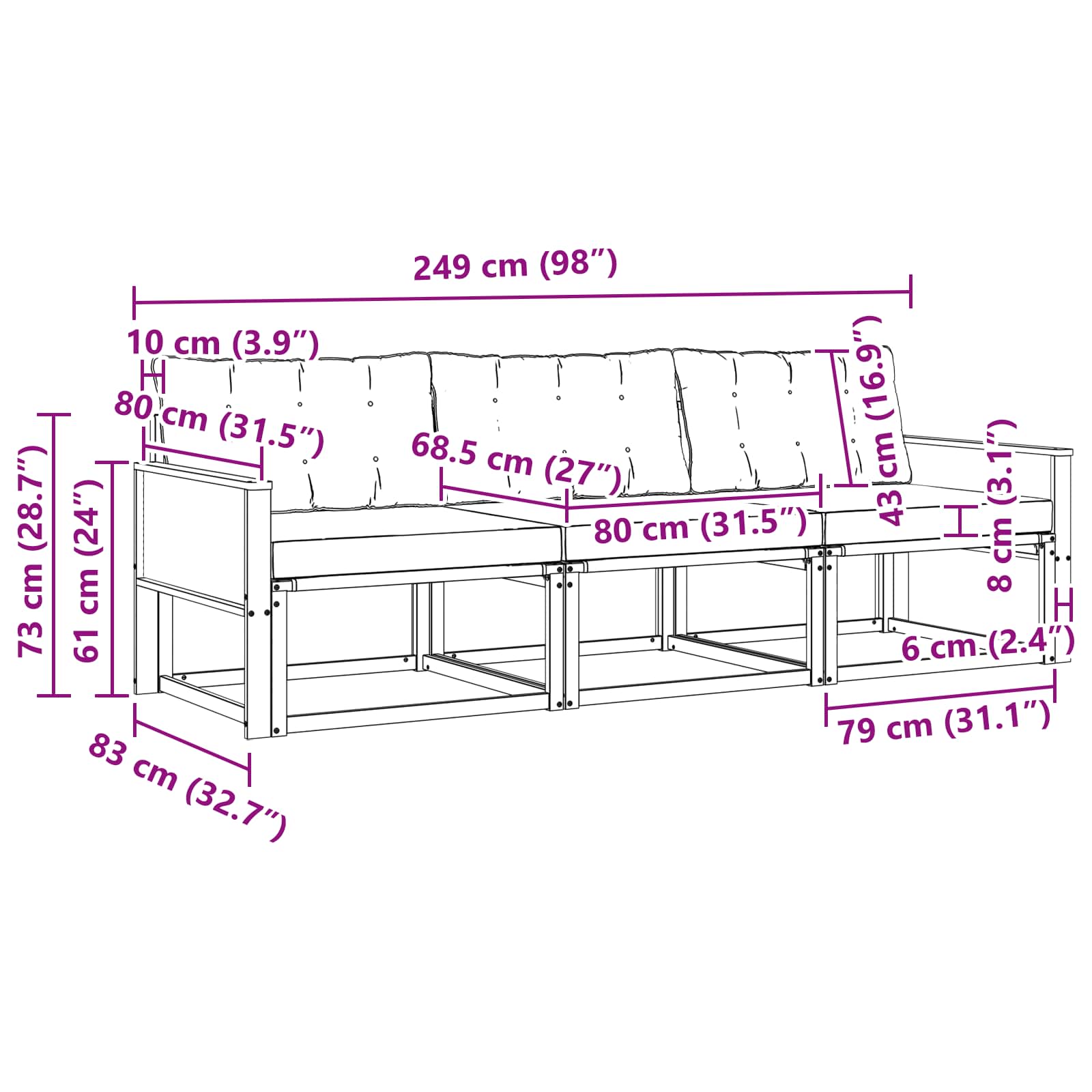 Set vanjskih sofa s jastukom 3 pcs Prirodna i crna