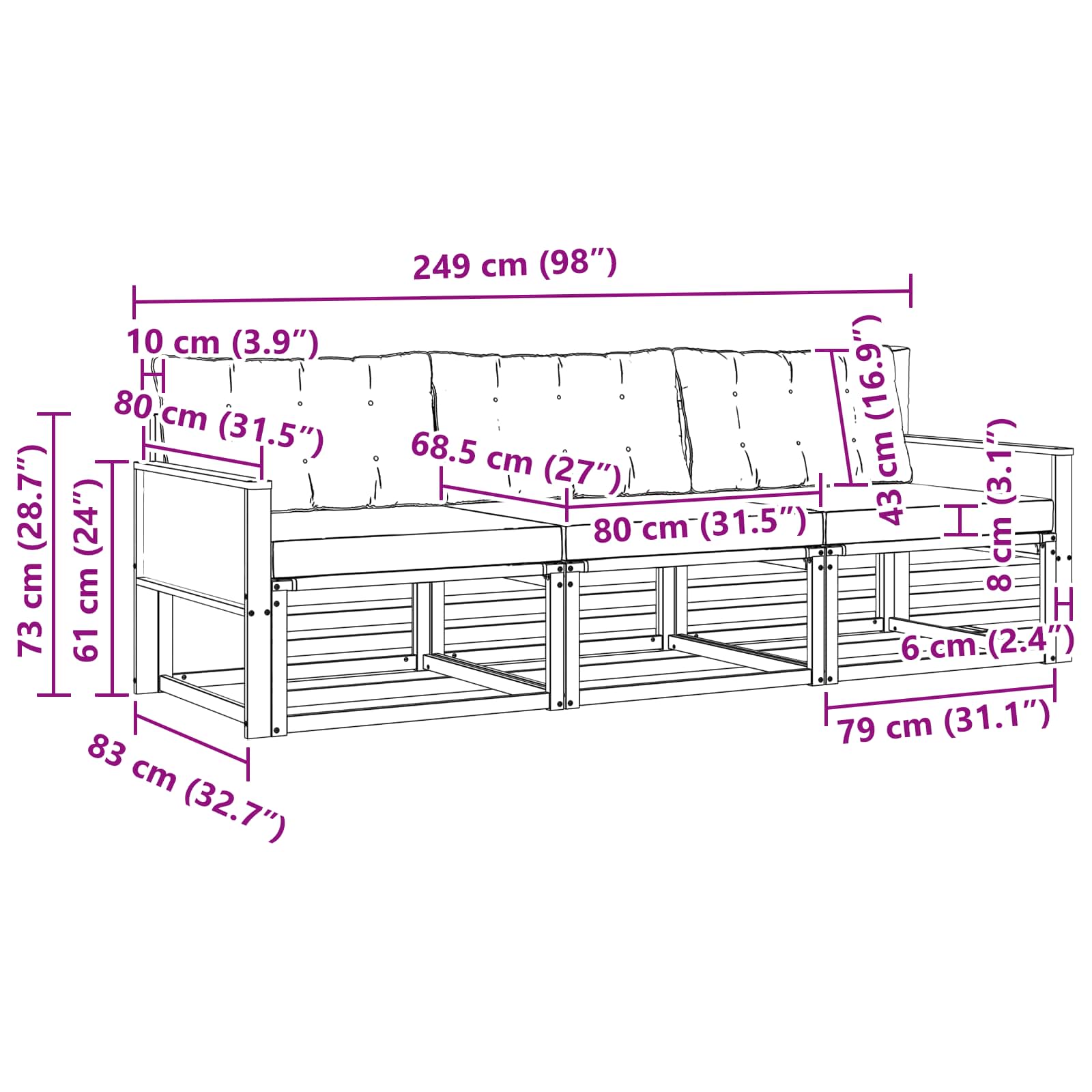 Set vanjskih sofa s jastukom 3 pcs Prirodna i crna