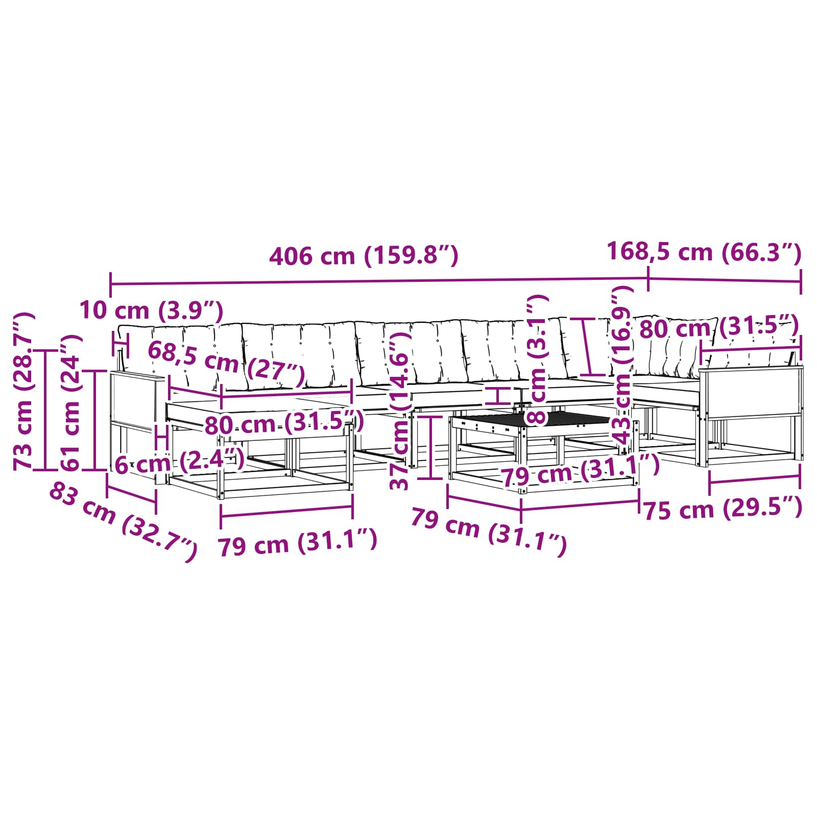 Set vanjskih sofa s jastukom 8 pcs Prirodna i svjetlosiva