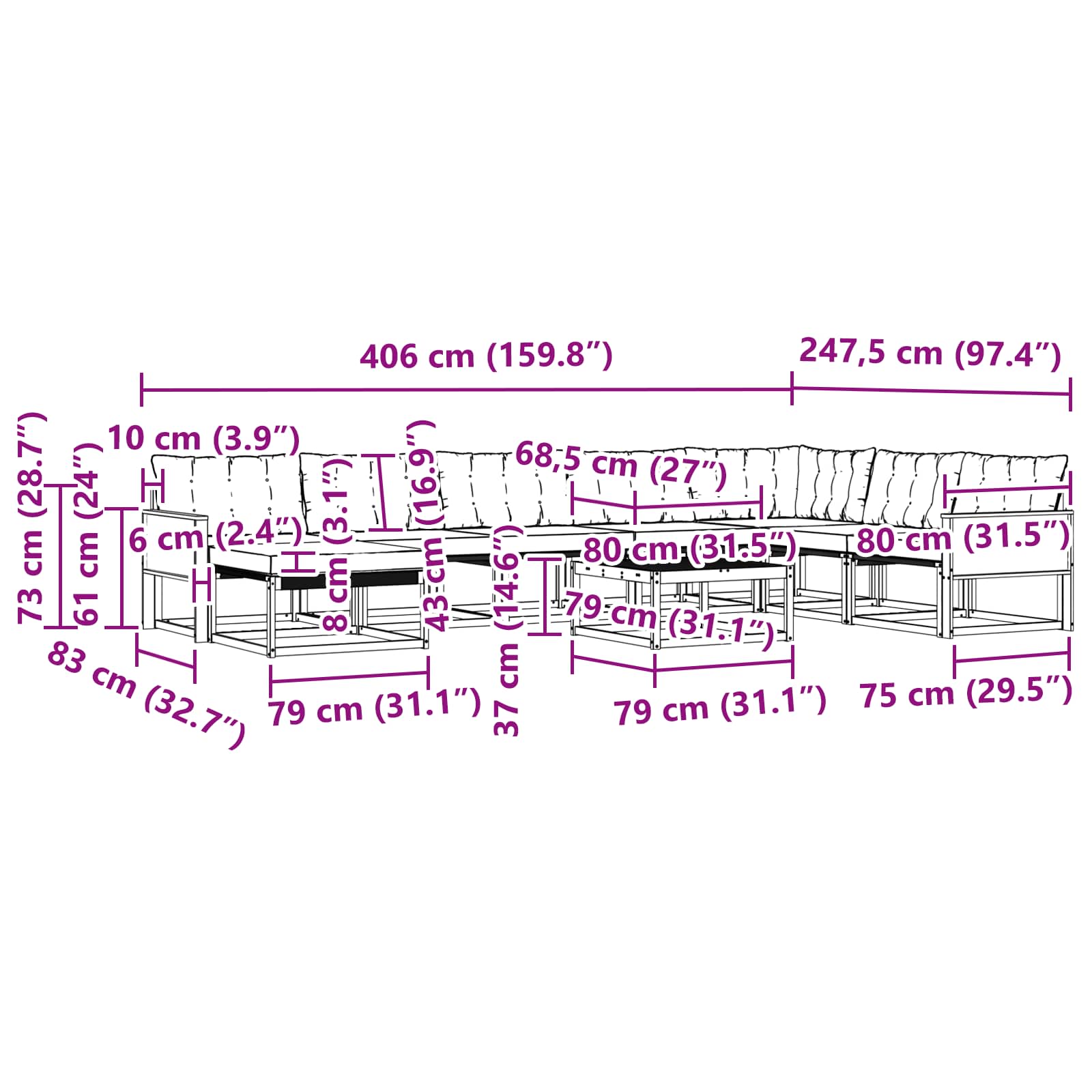 Set vanjskih sofa 9 pcs Prirodna i crna Čvrsto drvo akacije