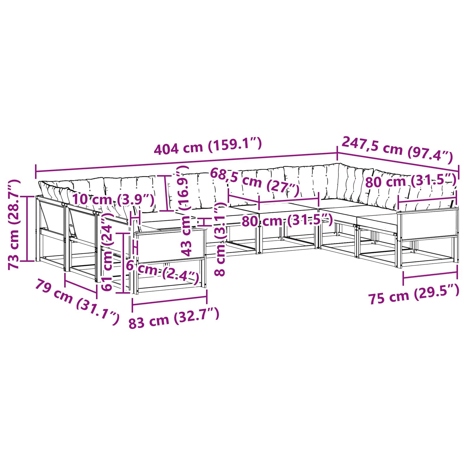Set vanjskih sofa s jastukom 9 pcs Prirodna i svjetlosiva