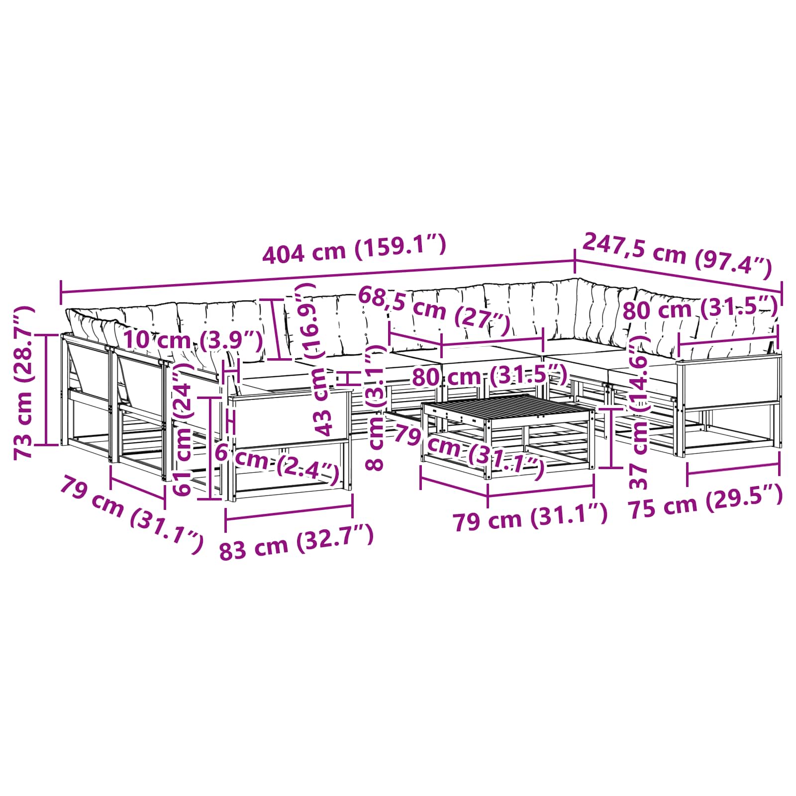 Set vanjskih sofa s jastukom 10 pcs Prirodna i svjetlosiva