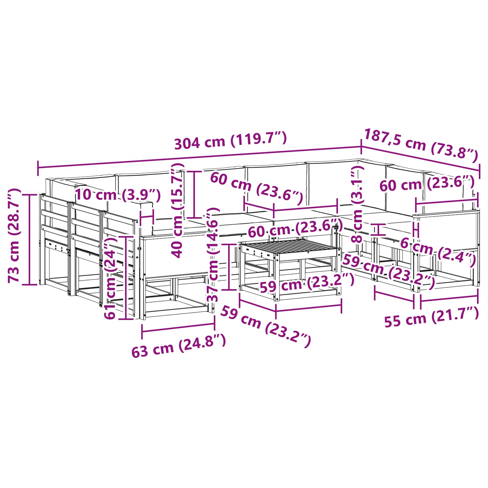 Set vanjskih sofa s jastukom 10 pcs Prirodna i svjetlosiva