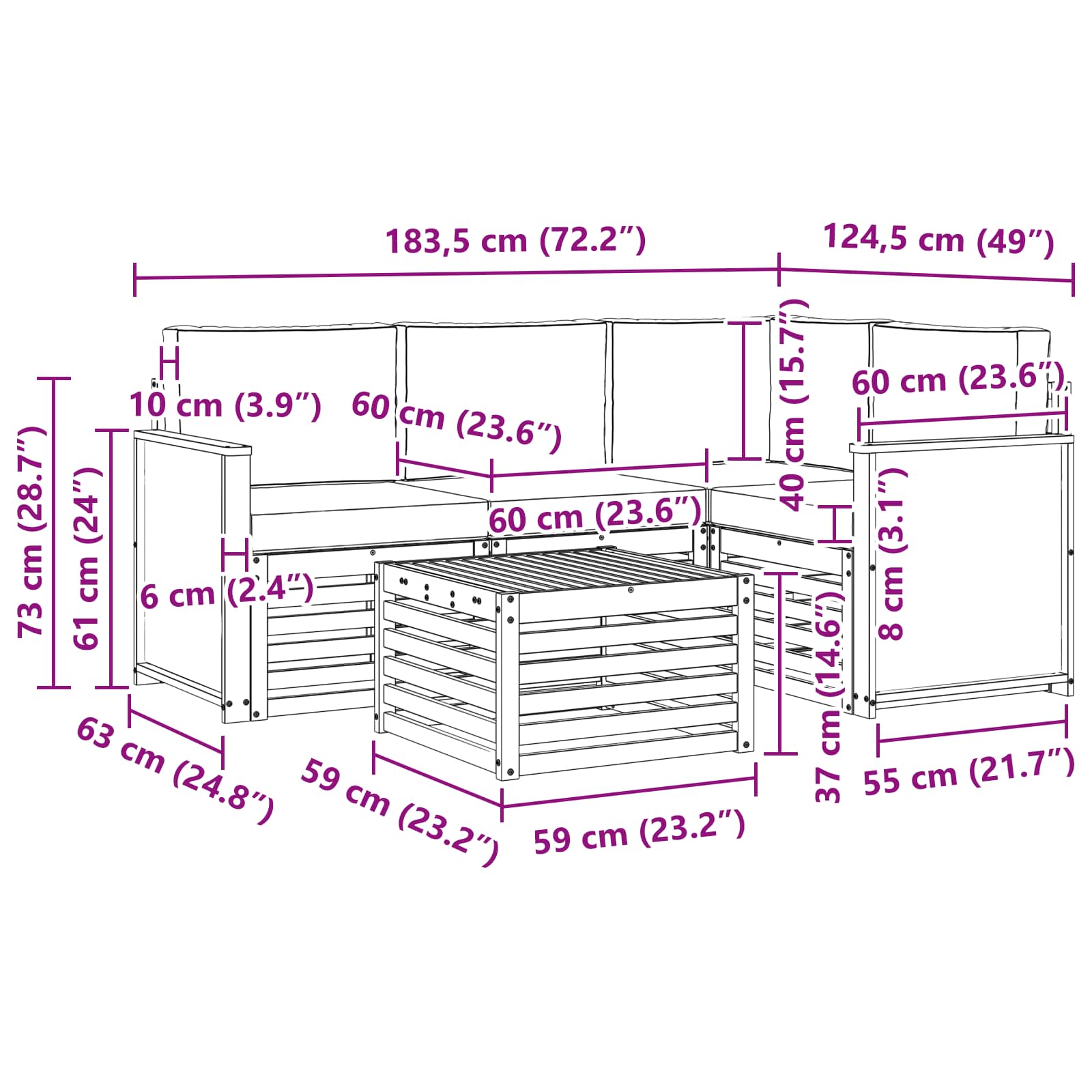 Set vanjskih sofa 5 pcs Prirodna i svjetlosiva 59 x 59 x 37 cm