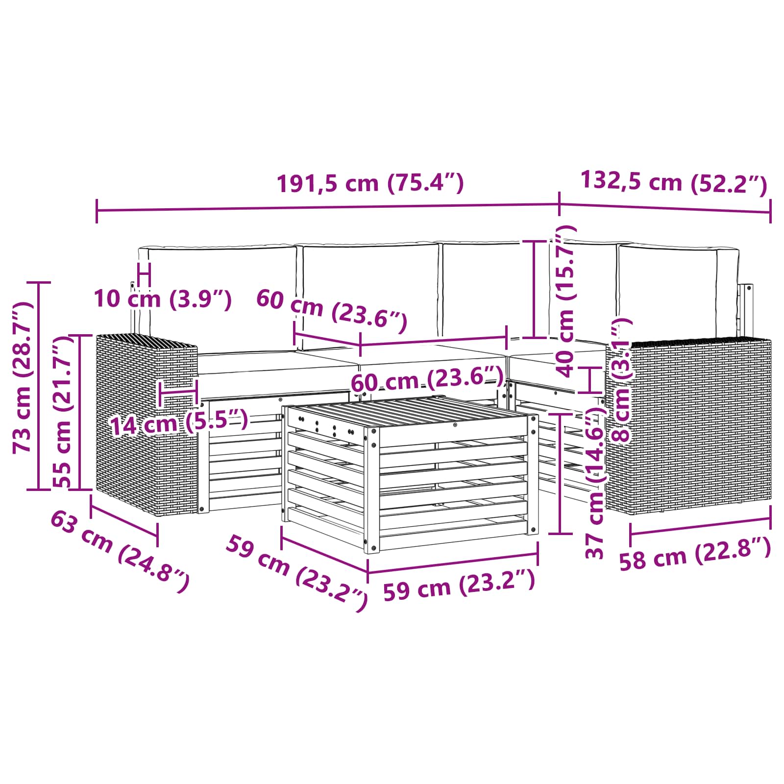 Set vanjskih sofa 5 pcs Prirodna i krem 59 x 59 x 37 cm