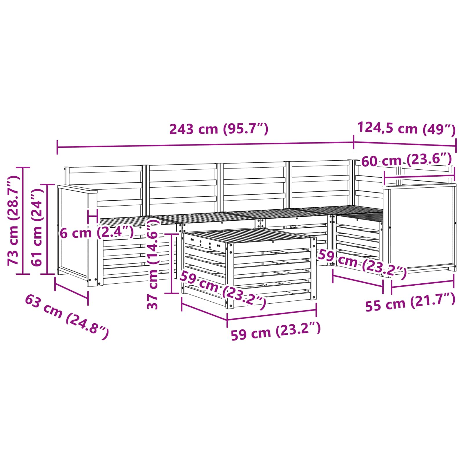 Sekcijska garnitura 5 pcs Prirodna Čvrsto drvo akacije