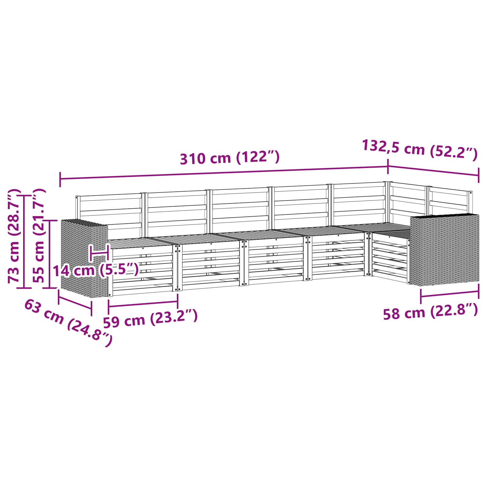 Sekcijska garnitura 6 pcs Prirodna Čvrsto drvo akacije