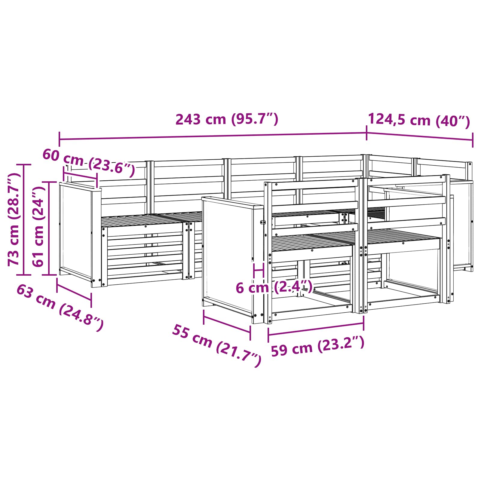 Sekcijska garnitura 6 pcs Prirodna Čvrsto drvo akacije