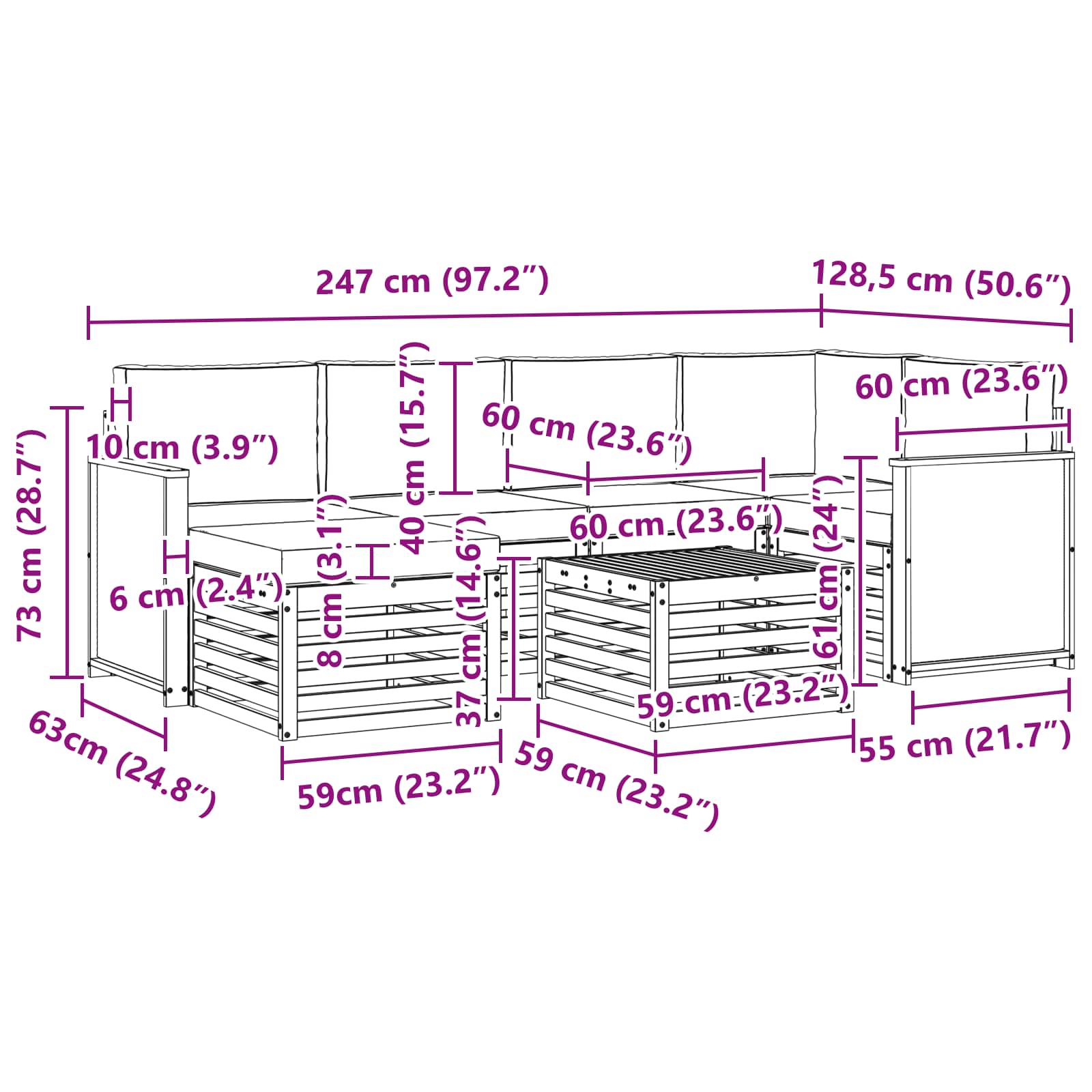Sekcijska garnitura s jastukom 6 pcs Prirodna i krem