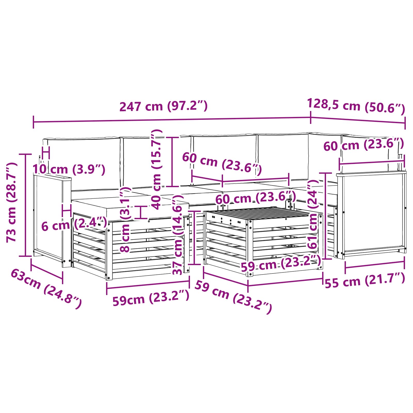 Sekcijska garnitura s jastukom 6 pcs Prirodna i krem