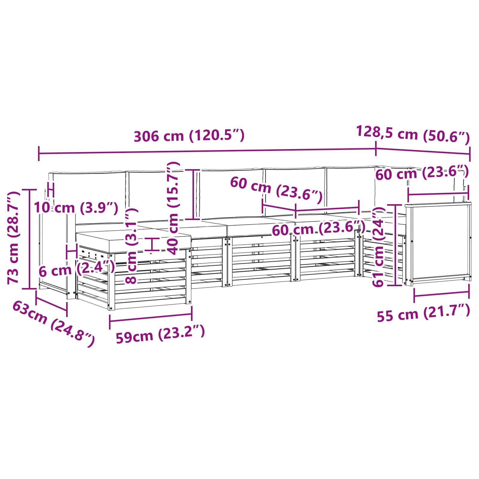 Sekcijska garnitura s jastukom 6 pcs Prirodna