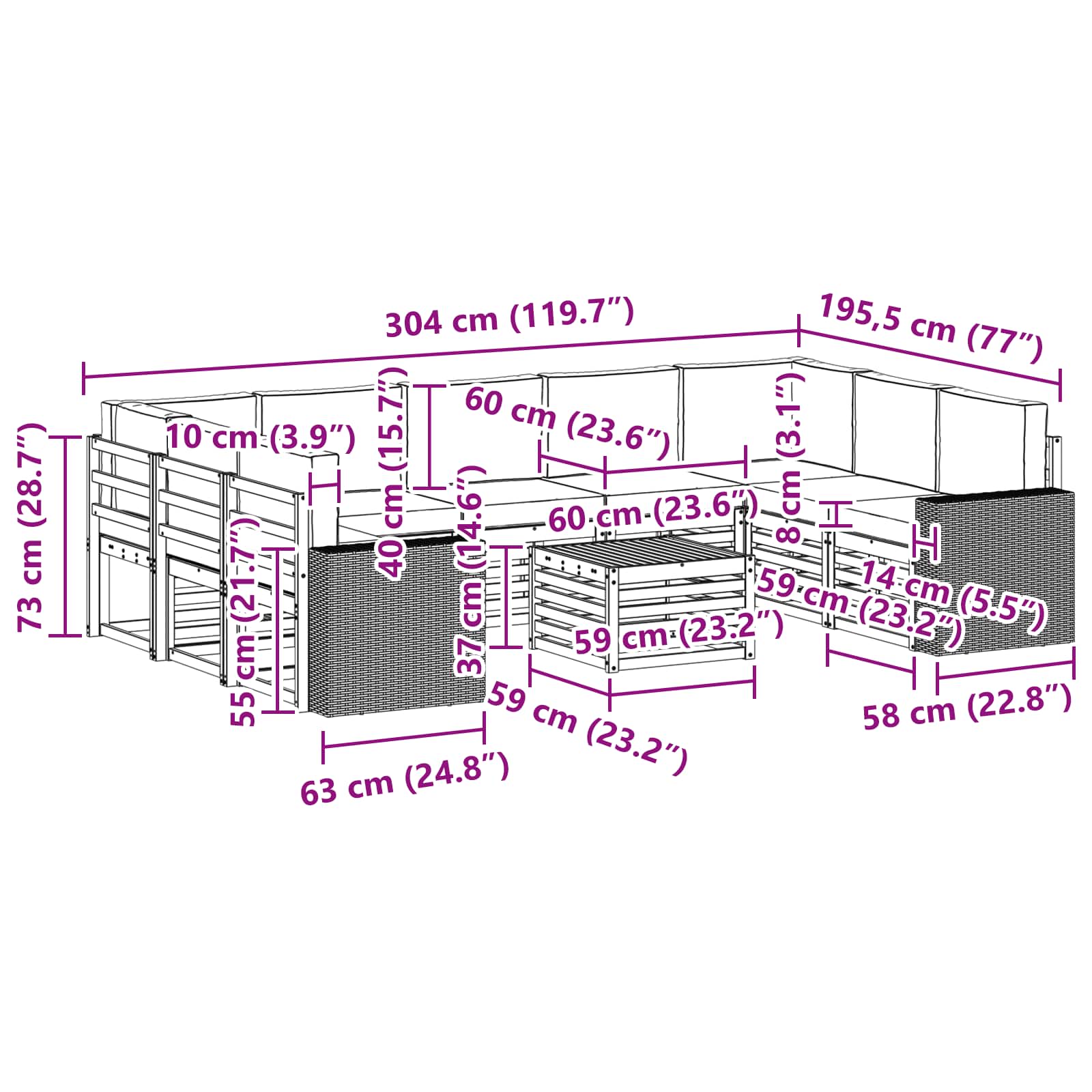 Setovi sofa 10 pcs Prirodna i svjetlosiva Čvrsto drvo akacije