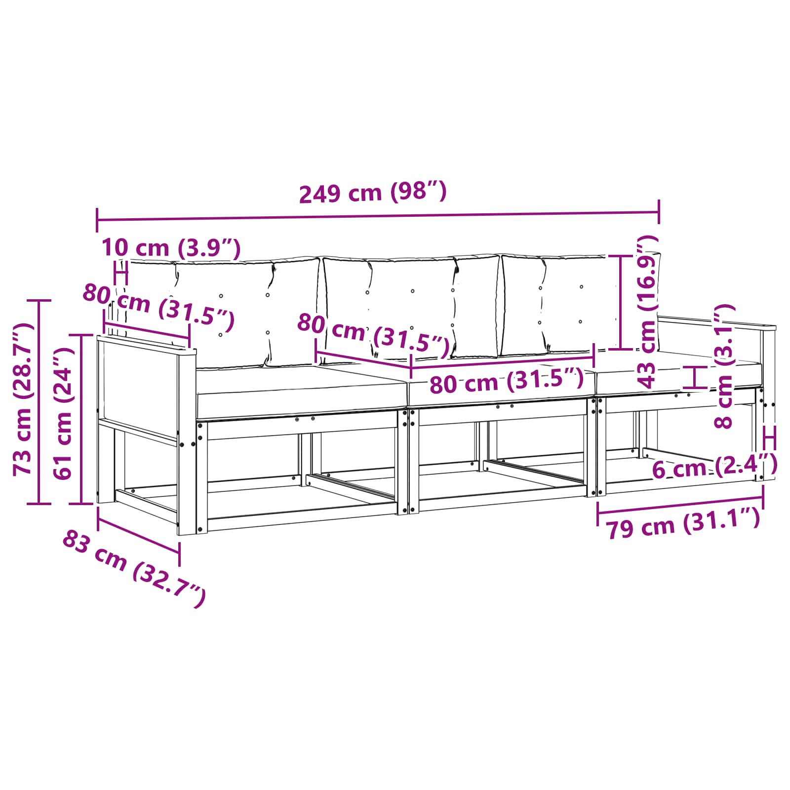 Set vanjskih sofa s jastukom 3 pcs Prirodna i antracit
