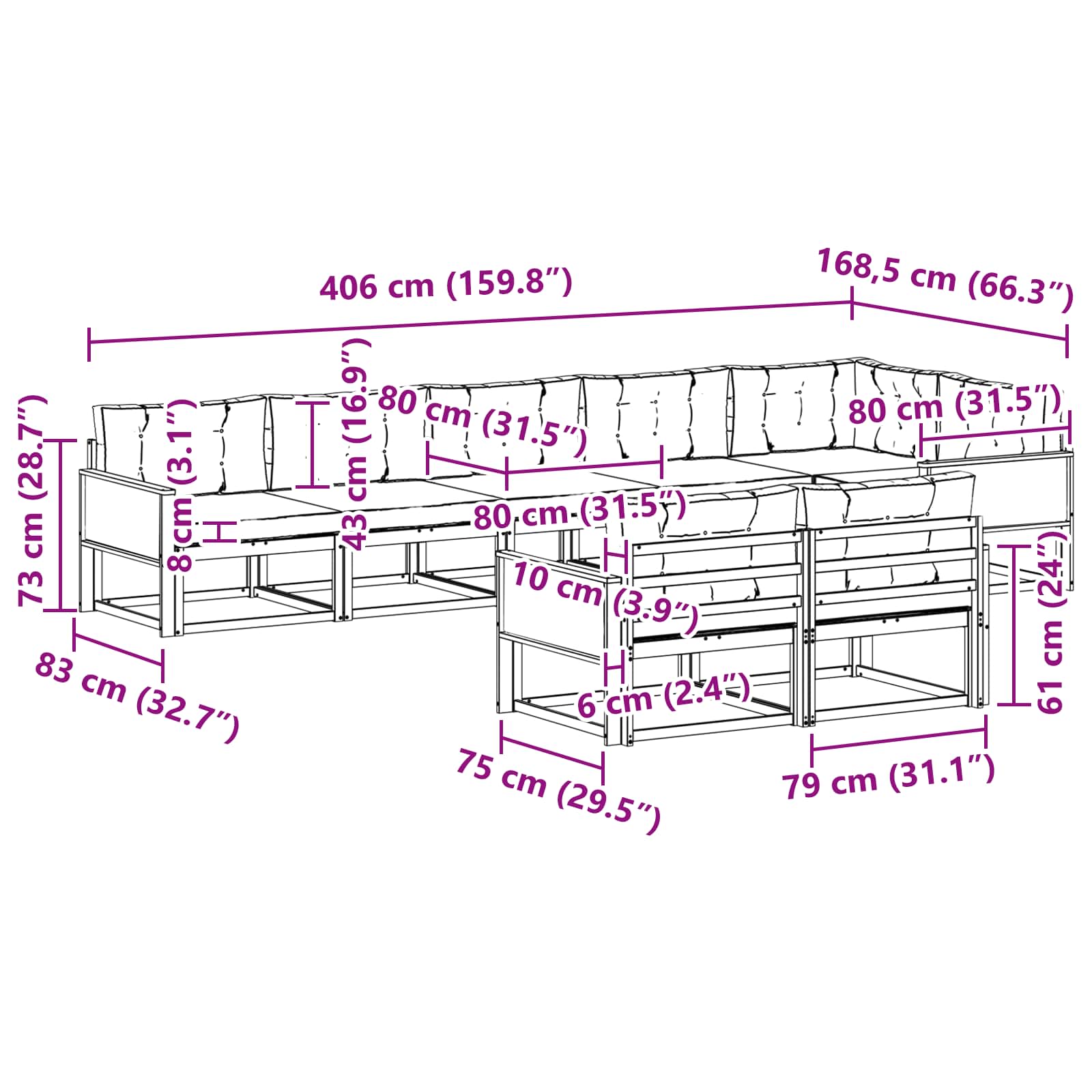 Set vanjskih sofa s jastukom 8 pcs Prirodna i Svjetlosiva