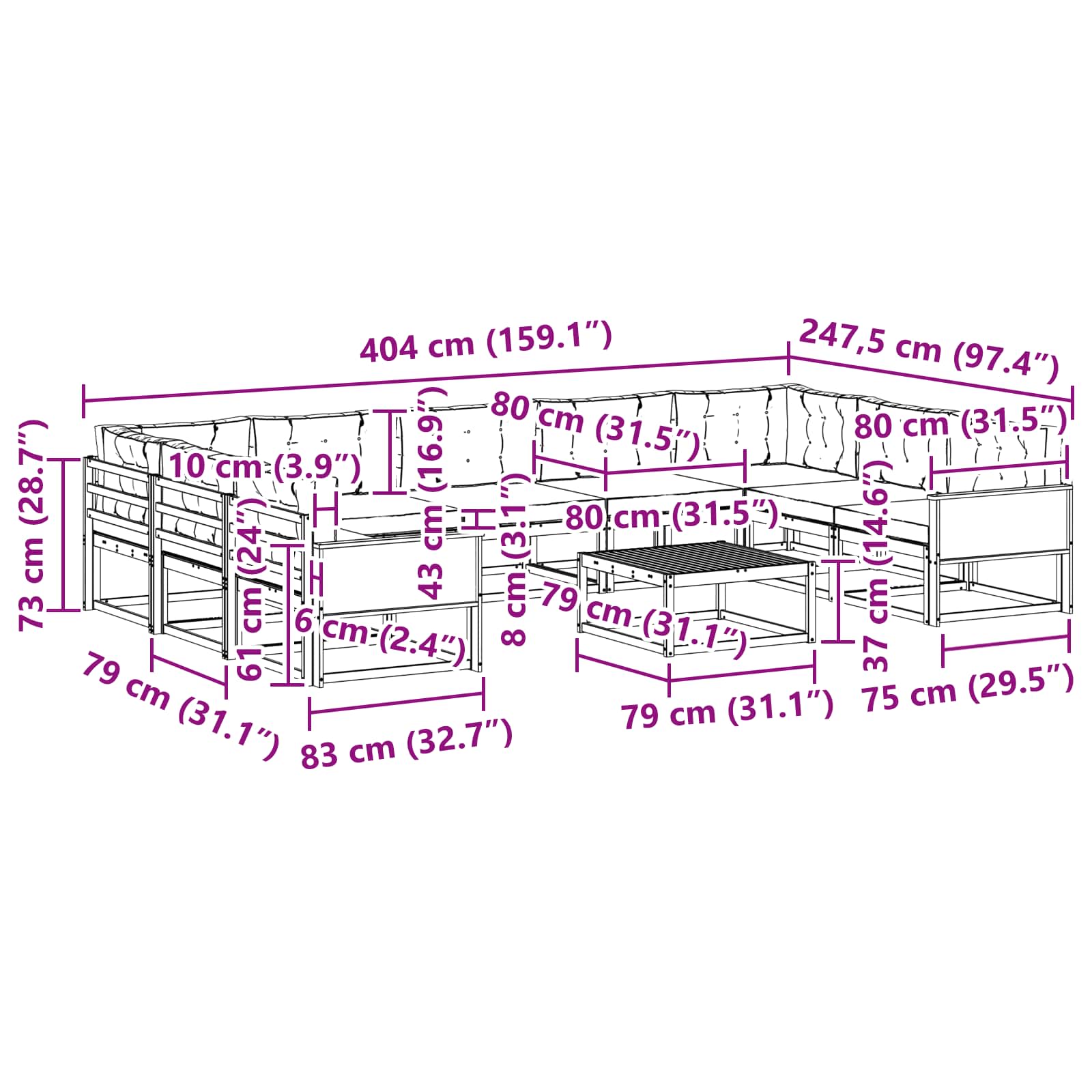 Set vanjskih sofa s jastukom 10 pcs Prirodna i svjetlosiva