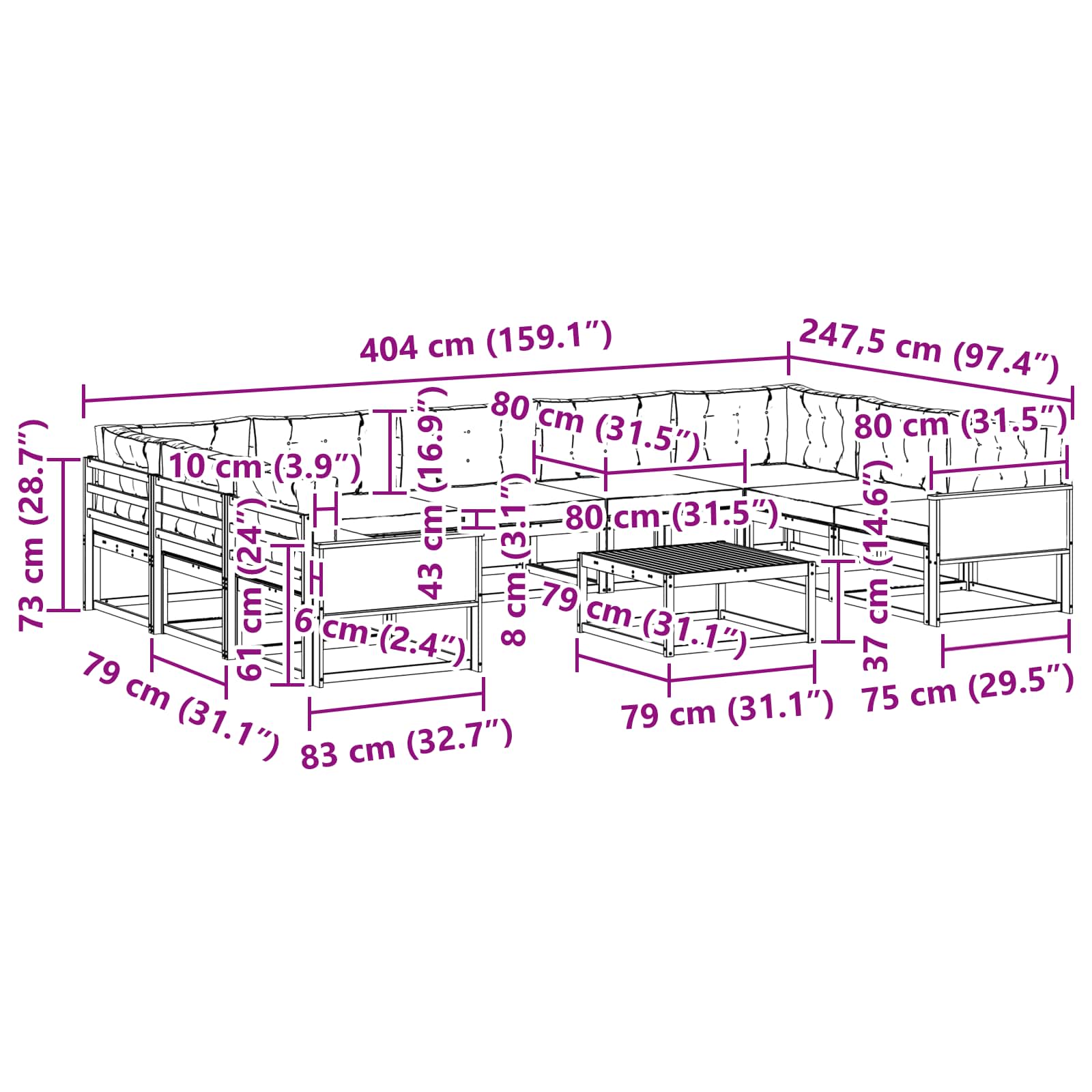 Set vanjskih sofa s jastukom 10 pcs Prirodna i svjetlosiva
