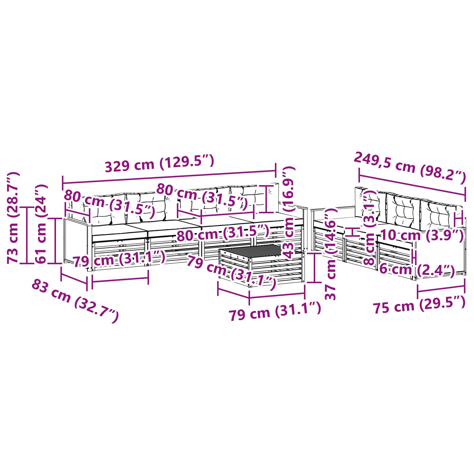 Set vanjskih sofa 8 pcs Prirodna i krem 79 x 79 x 37 cm