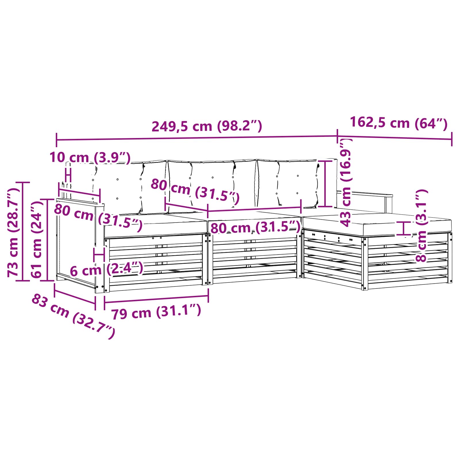 Set vanjskih sofa Prirodna i antracit 249,5 x 162,5 x 73 cm
