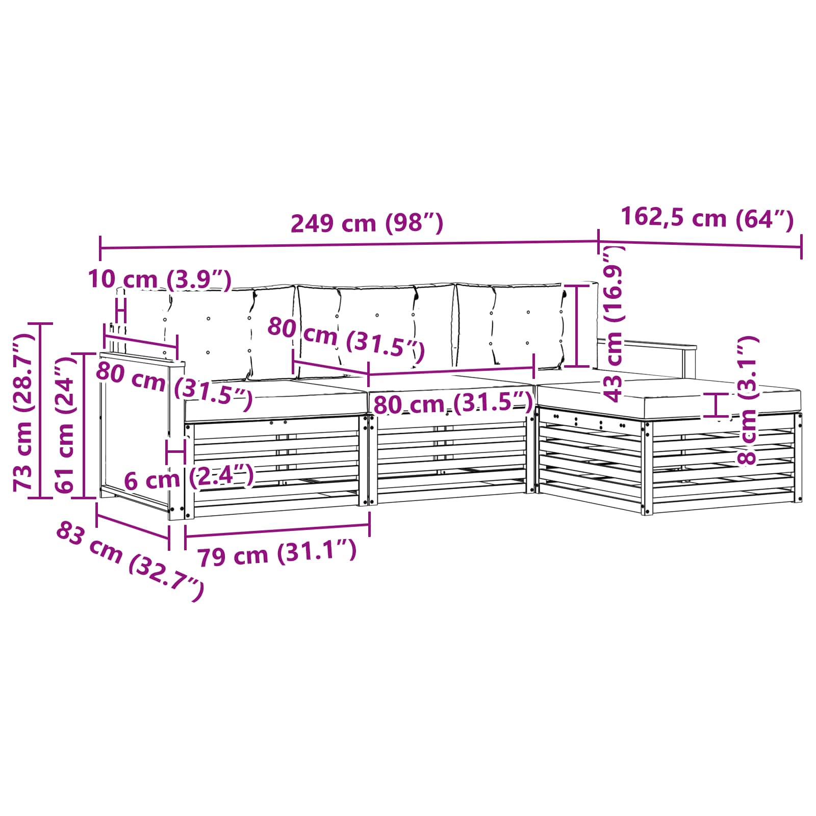 Set vanjskih sofa s jastukom Prirodna i bež 249 x 162,5 x 73 cm