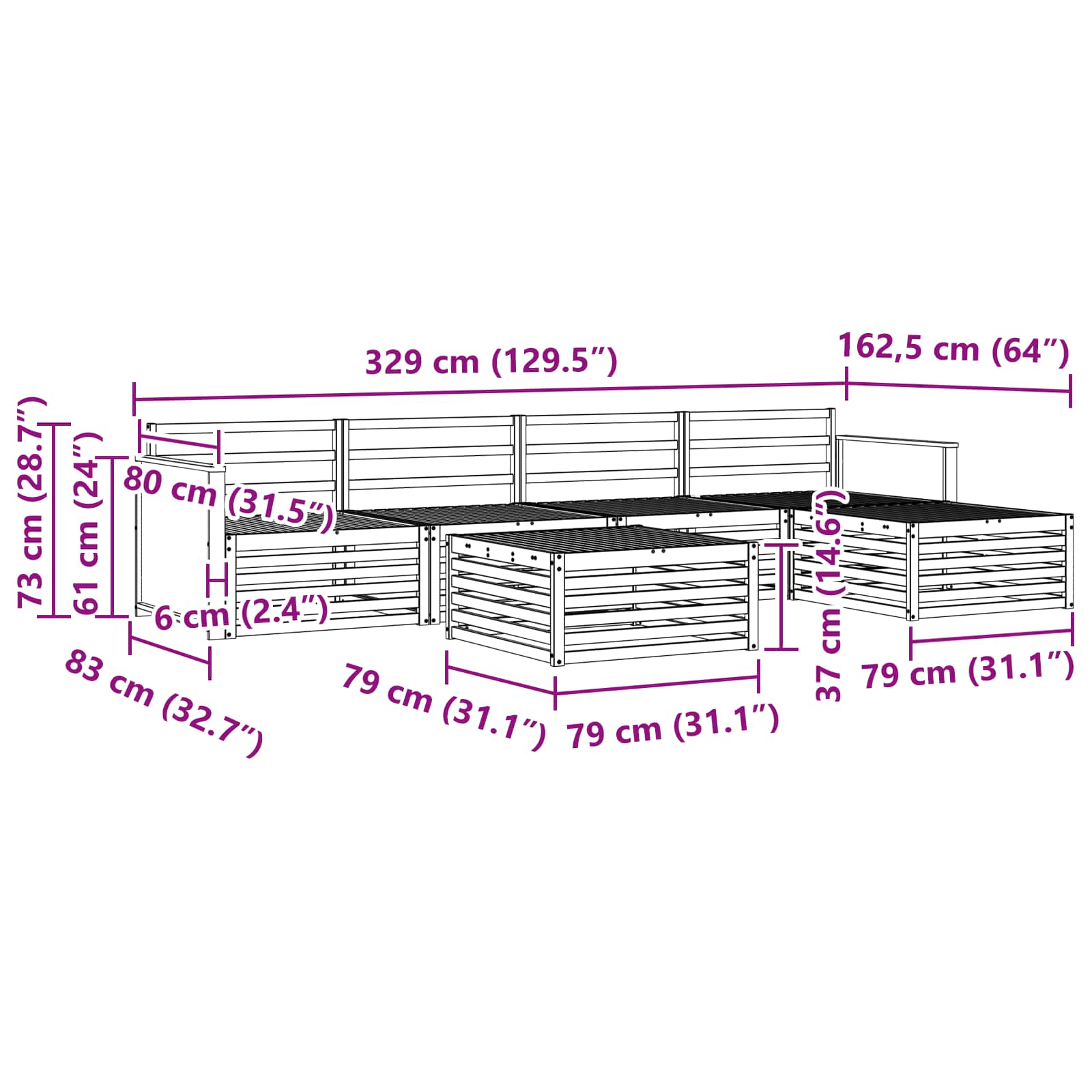 Set vanjskih sofa 6 pcs Prirodna 79 x 79 x 37 cm