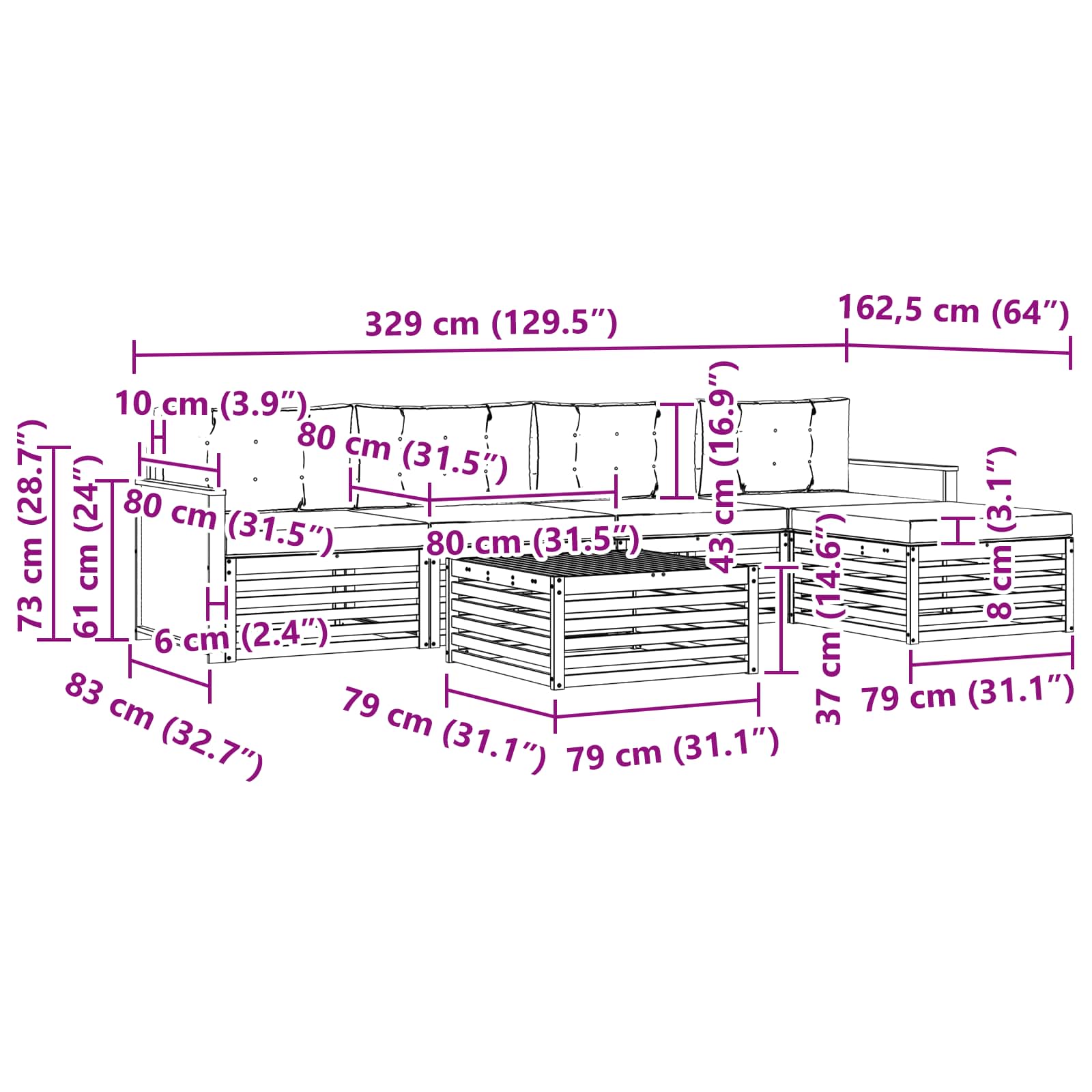 Set vanjskih sofa 6 pcs Prirodna i krem 79 x 79 x 37 cm