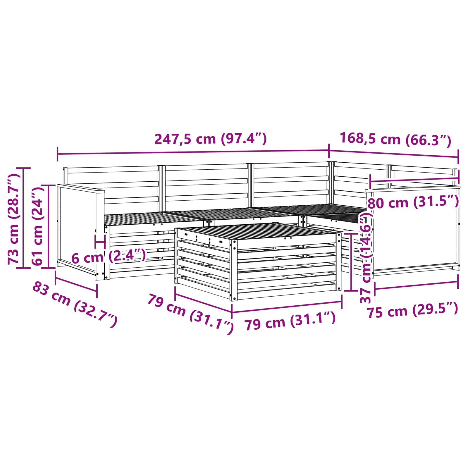 Set vanjskih sofa 5 pcs Prirodna 79 x 79 x 37 cm