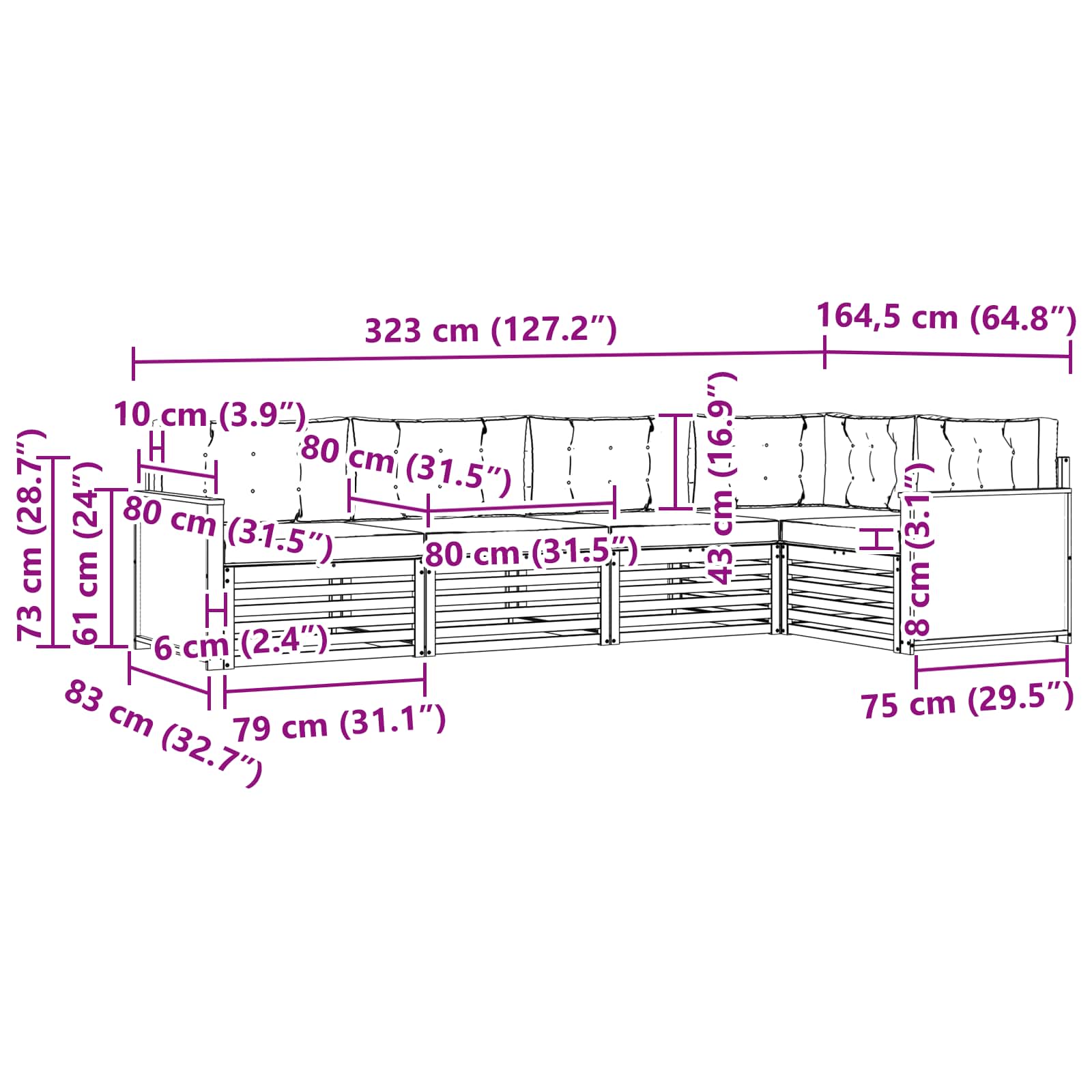 Set vanjskih sofa 5 pcs Prirodna i krem 323 x 164,5 x 73 cm