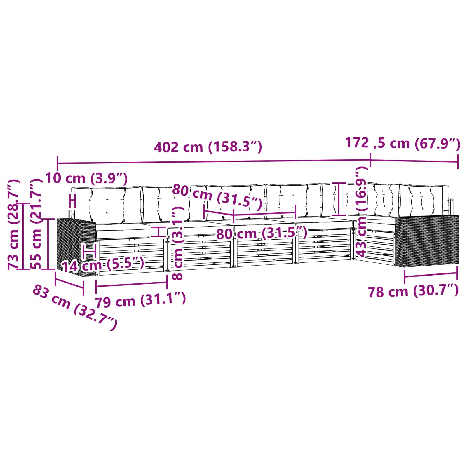 Set vanjskih sofa 6 pcs Prirodna i krem 402 x 172,5 x 73 cm