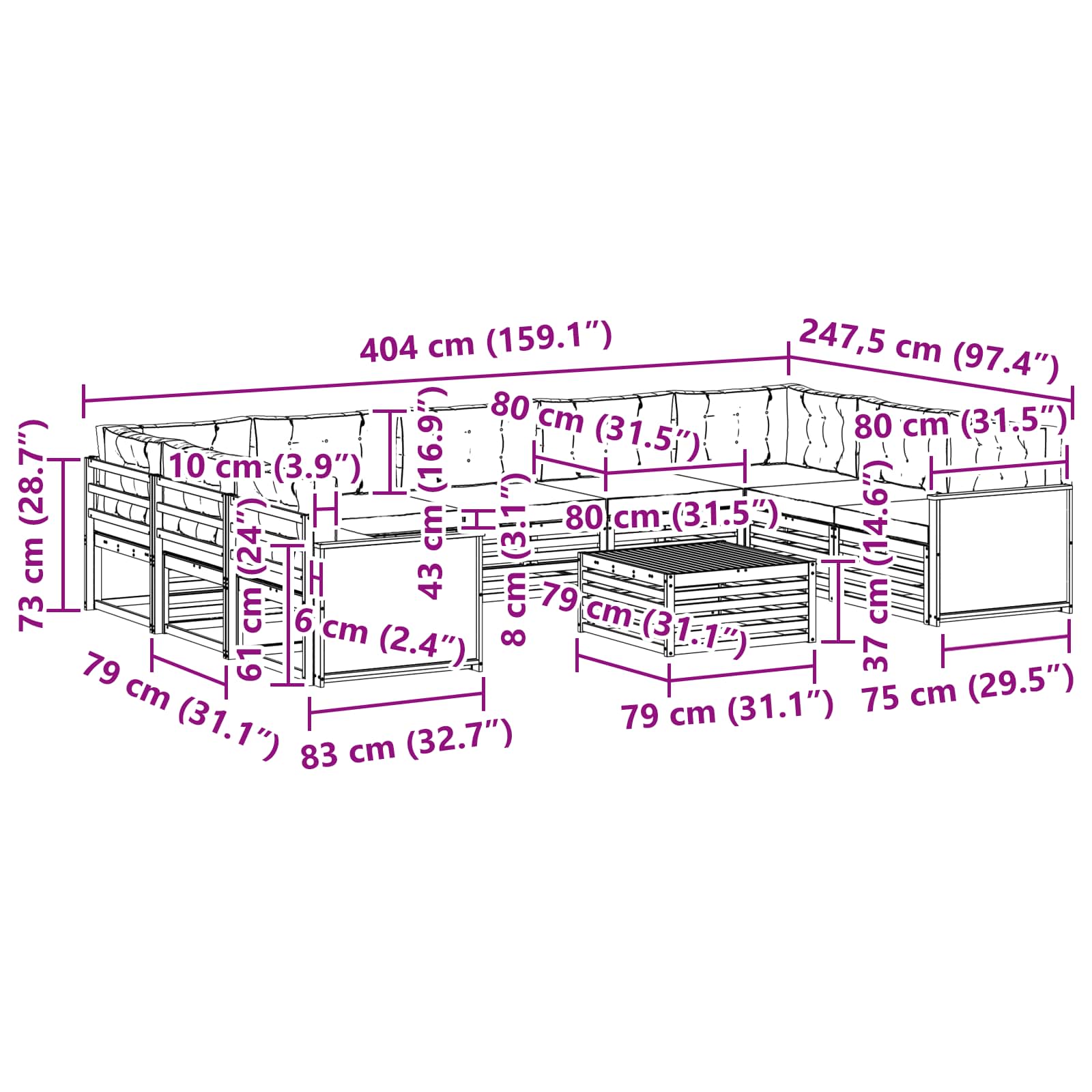 Set vanjskih sofa 10 pcs Prirodna i krem Čvrsto drvo akacije