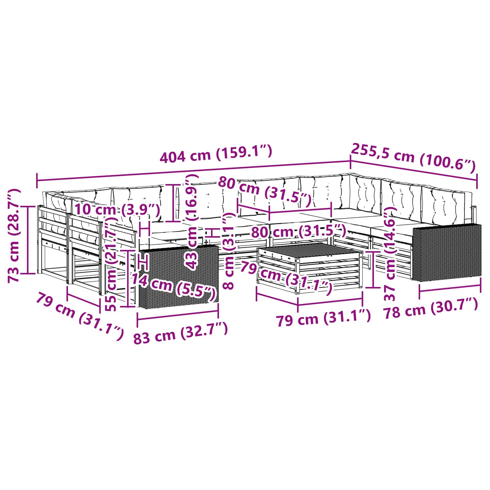 Set vanjskih sofa 10 pcs Prirodna i krem Čvrsto drvo akacije
