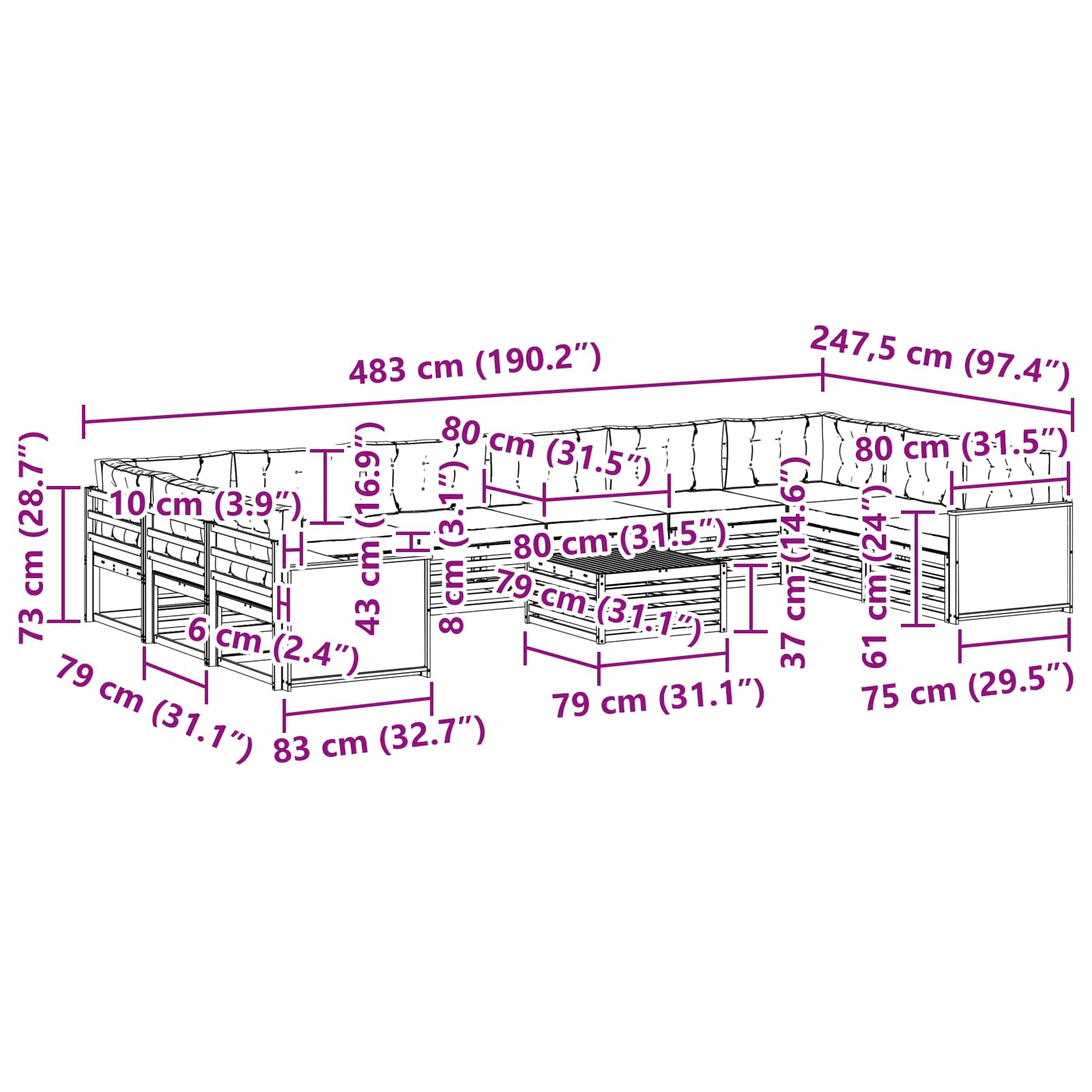 Setovi sofa s jastukom 11 pcs Čvrsto drvo akacije