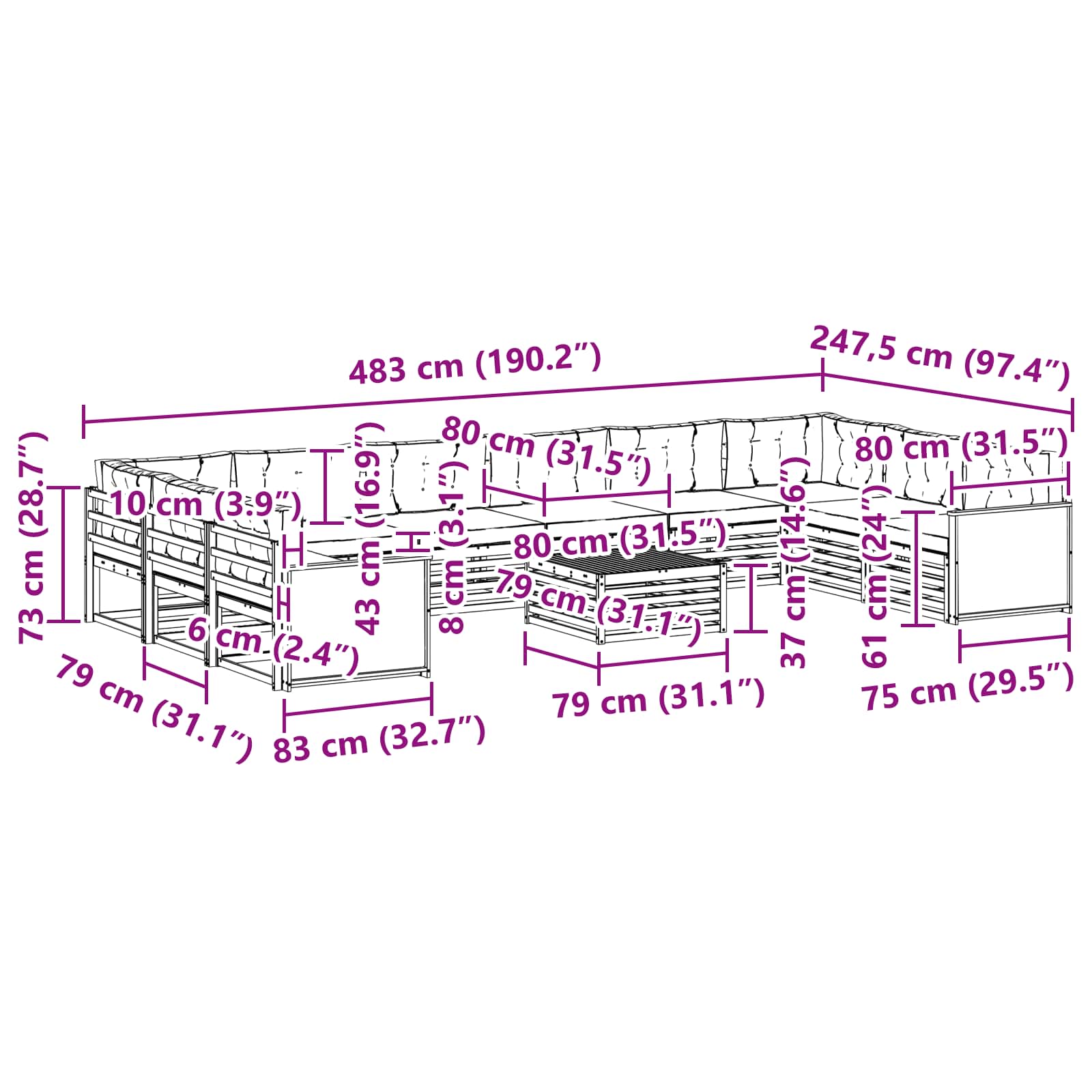 Setovi sofa s jastukom 11 pcs Čvrsto drvo akacije