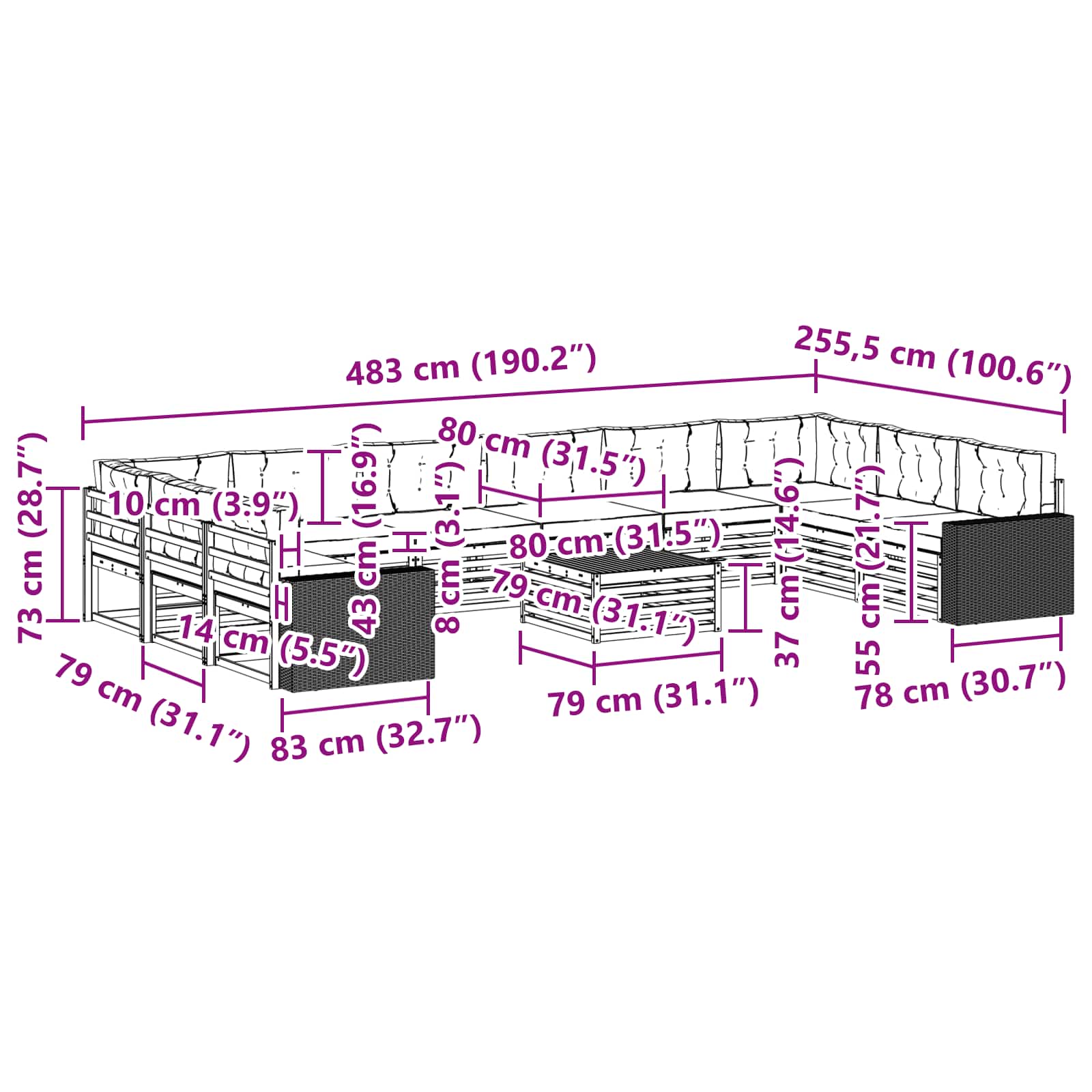 Setovi sofa s jastukom 11 pcs Čvrsto drvo akacije