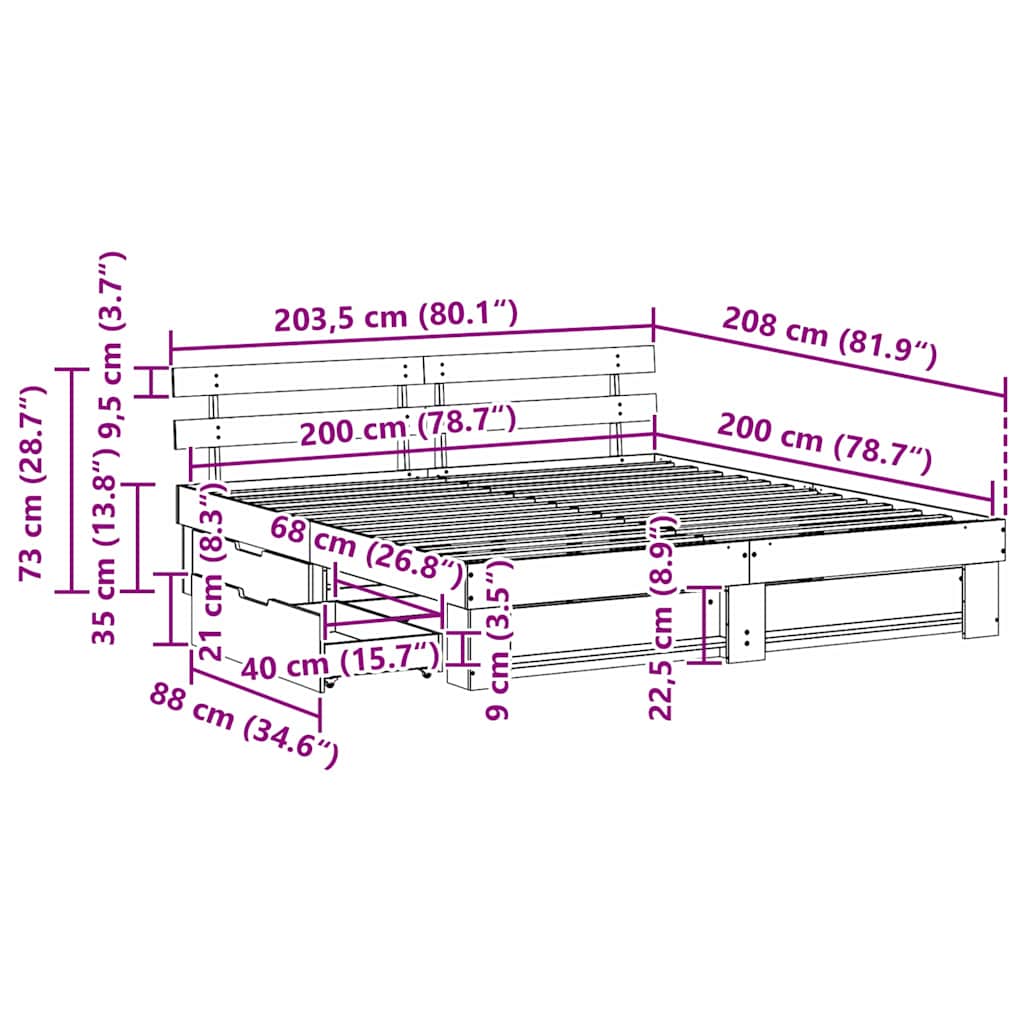 Krevetna konstrukcija Smeđa 200 x 200 cm Čvrsto borovo drvo