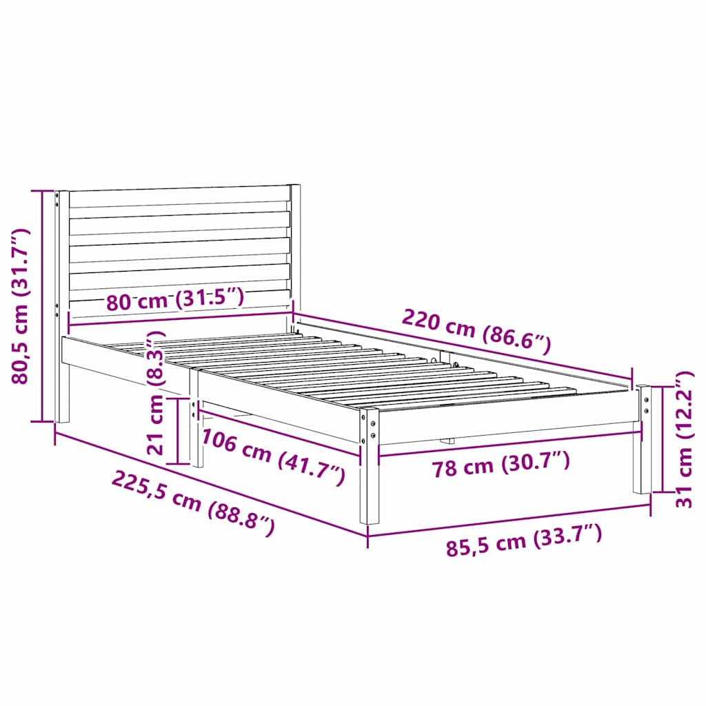 Krevetna konstrukcija Bijelo 80 x 220 cm Čvrsto borovo drvo