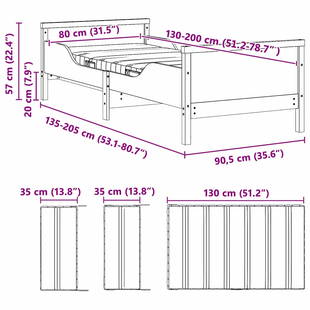 Okvir kreveta s produžetnim madracem Bijelo 80 x 200 cm