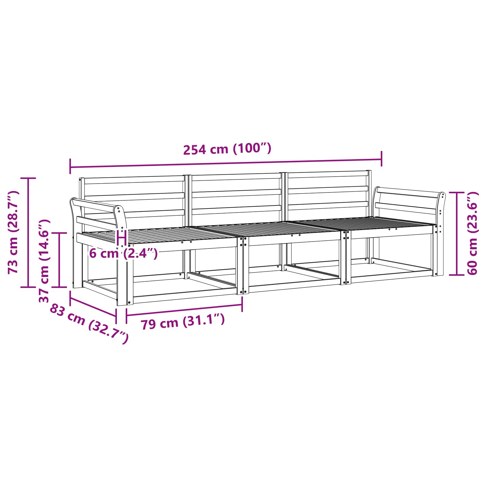 Set vanjskih sofa 3 pcs Bijela 254 x 83 x 73 cm