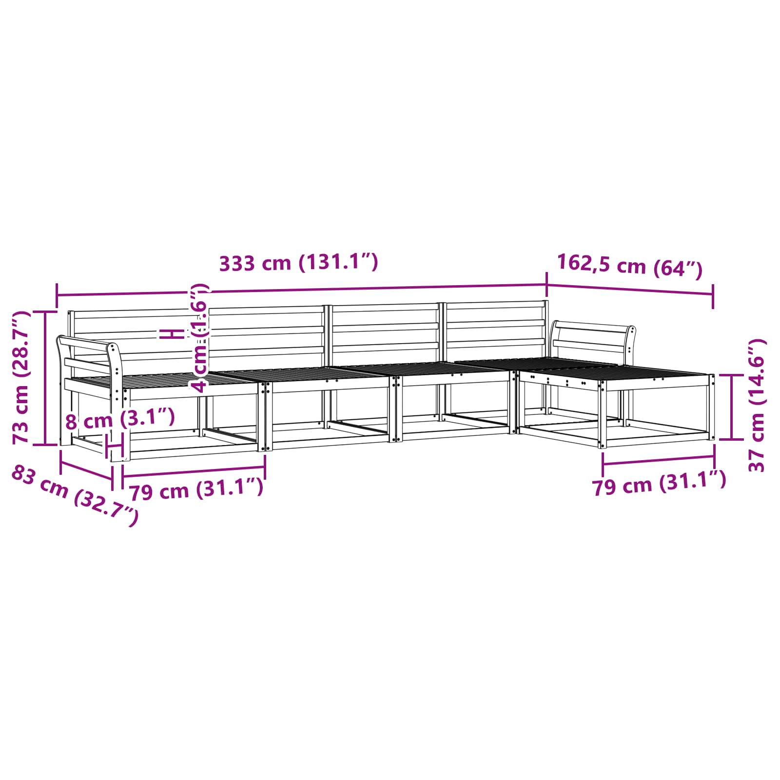 Set vanjskih sofa 5 pcs Bijela 333 x 162,5 x 73 cm
