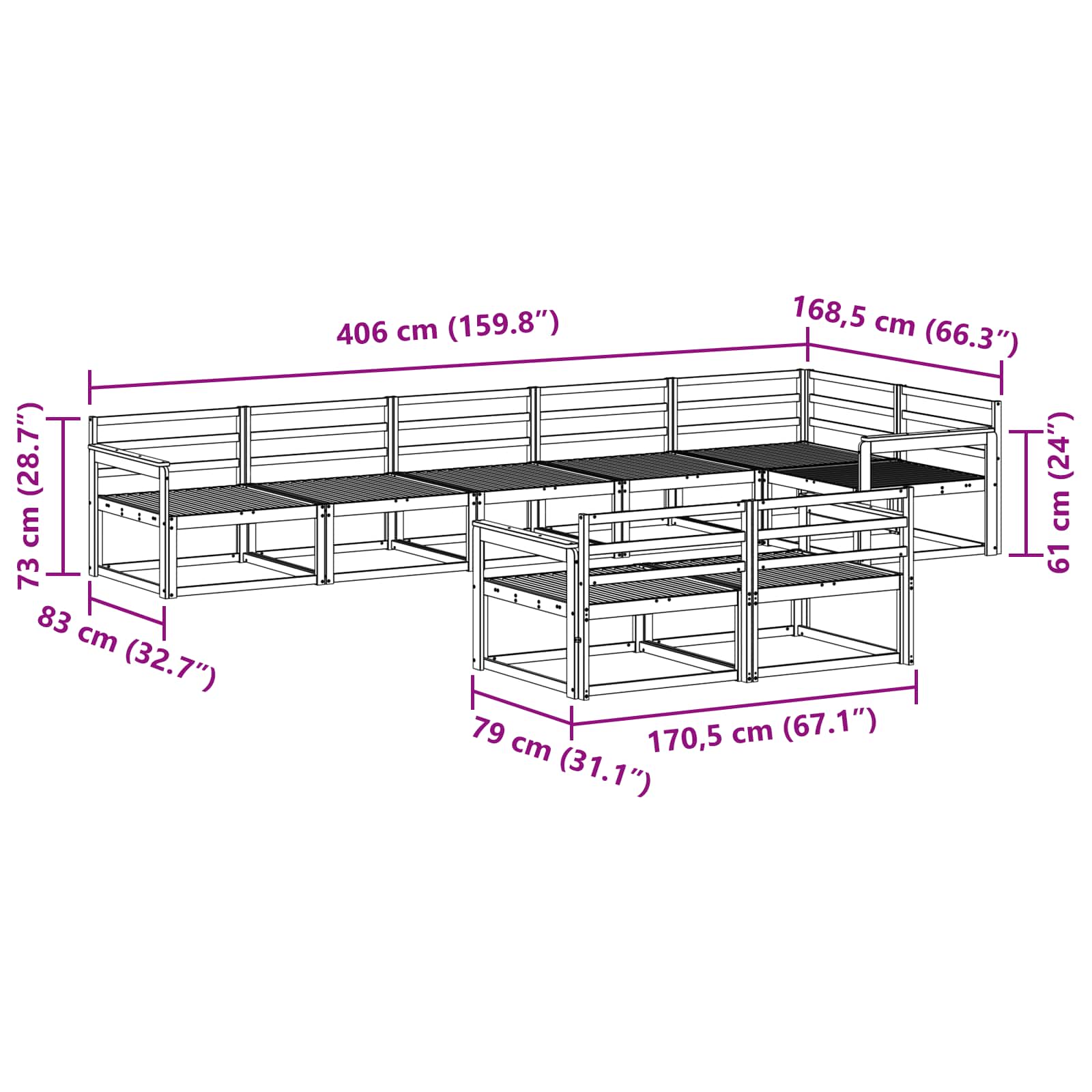 Set vanjskih sofa 8 pcs Bijela 406 x 168,5 x 73 cm